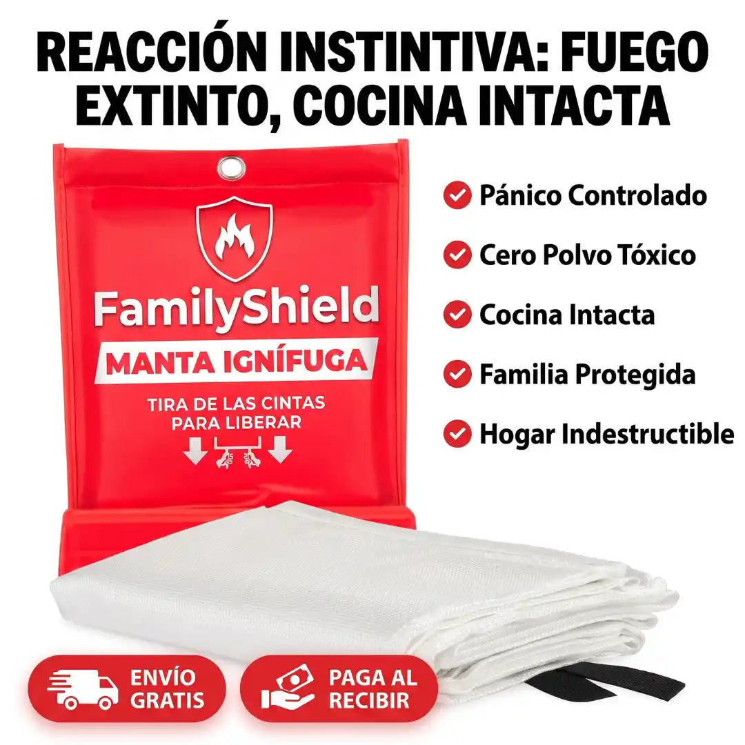 FamilyShield™ Manta Ignífuga - Salva a los tuyos al instante, sin pánico y sin el desastre tóxico del extintor