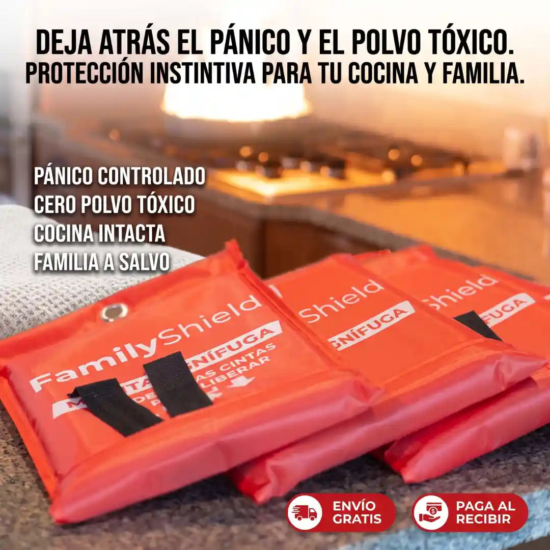 FamilyShield™ Manta Ignífuga - Salva a los tuyos al instante, sin pánico y sin el desastre tóxico del extintor